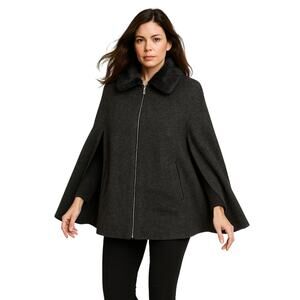 Vintage Charcoal Gray Wool blend Faux Fur Collar Zip Front Cape Jacket Size M
